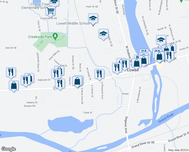 map of restaurants, bars, coffee shops, grocery stores, and more near 140 North Pleasant Avenue in Lowell