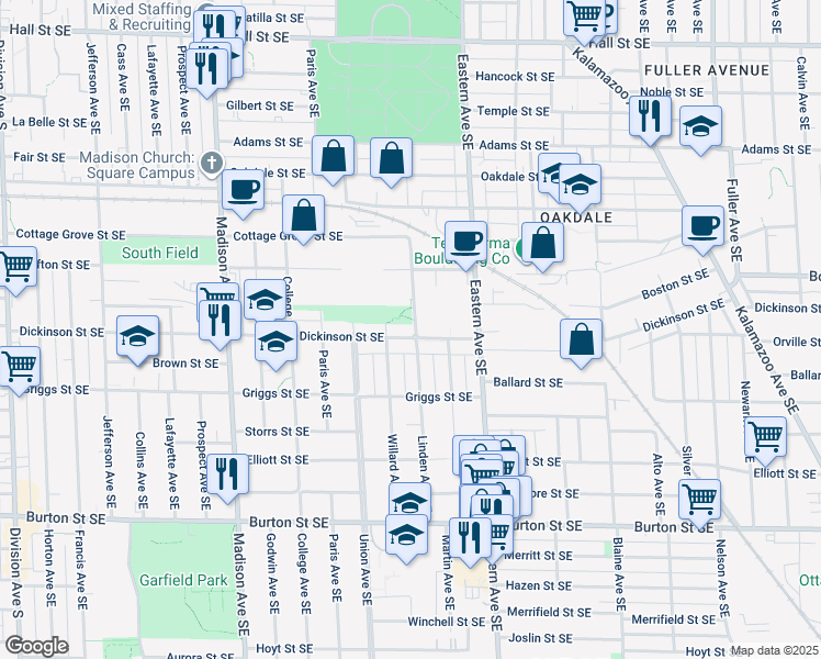 map of restaurants, bars, coffee shops, grocery stores, and more near 649 Dickinson Street Southeast in Grand Rapids