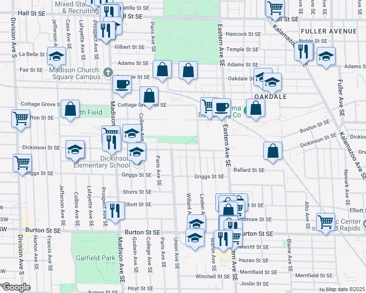 map of restaurants, bars, coffee shops, grocery stores, and more near 605 Dickinson Street Southeast in Grand Rapids