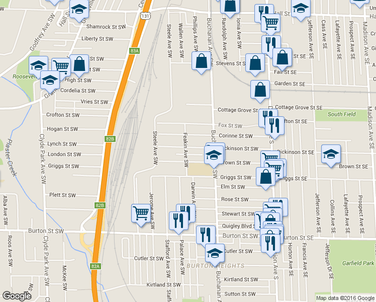 map of restaurants, bars, coffee shops, grocery stores, and more near 252 Dickinson Street Southwest in Grand Rapids