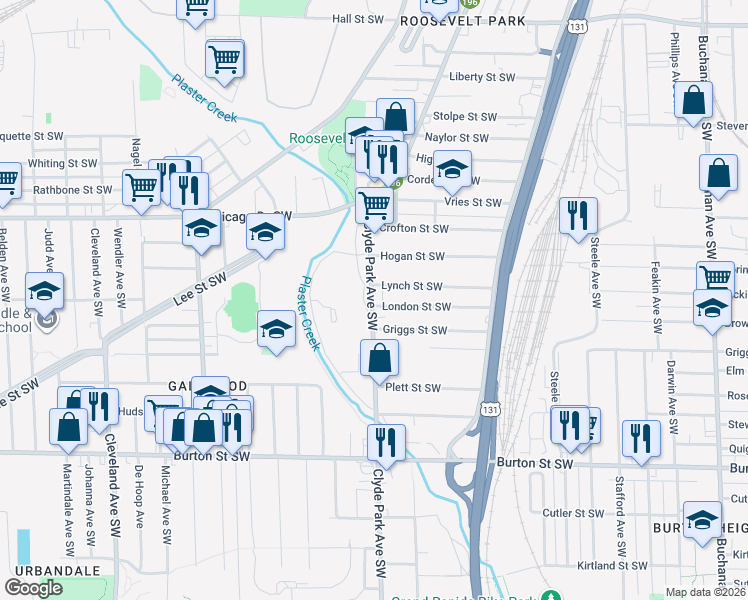 map of restaurants, bars, coffee shops, grocery stores, and more near 1714 Clyde Park Avenue Southwest in Grand Rapids