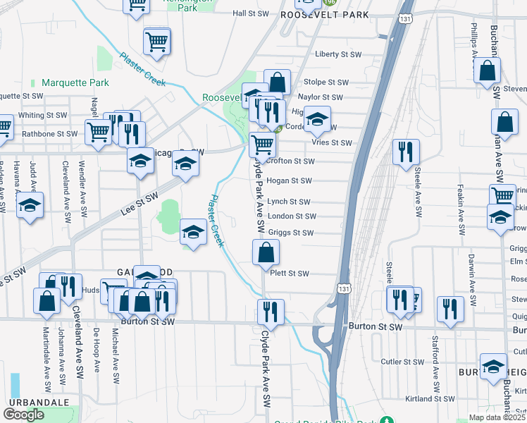 map of restaurants, bars, coffee shops, grocery stores, and more near 1716 Clyde Park Avenue Southwest in Grand Rapids