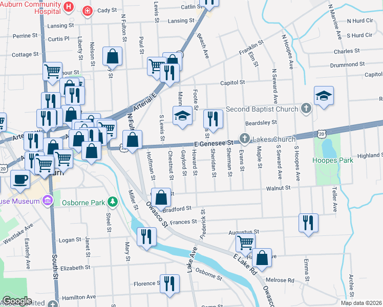 map of restaurants, bars, coffee shops, grocery stores, and more near 3 Howard Street in Auburn