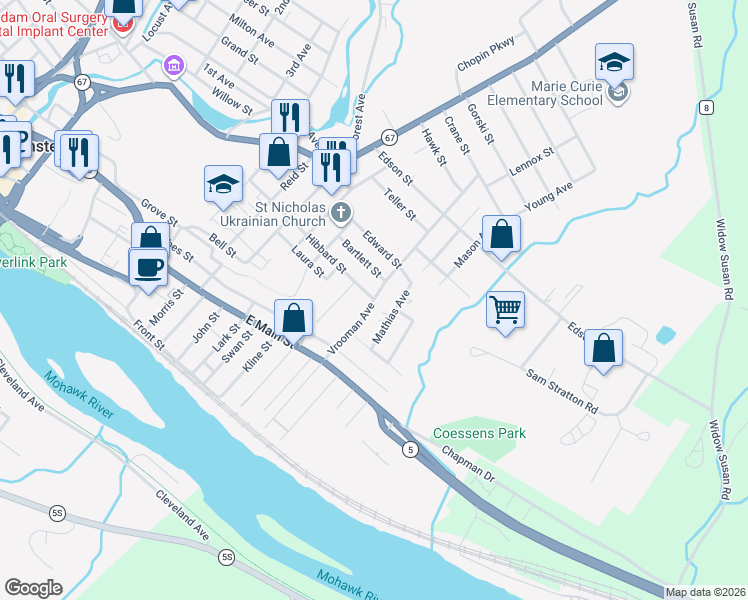 map of restaurants, bars, coffee shops, grocery stores, and more near Vrooman Avenue in Amsterdam