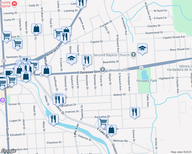 map of restaurants, bars, coffee shops, grocery stores, and more near 2 Sherman Street in Auburn