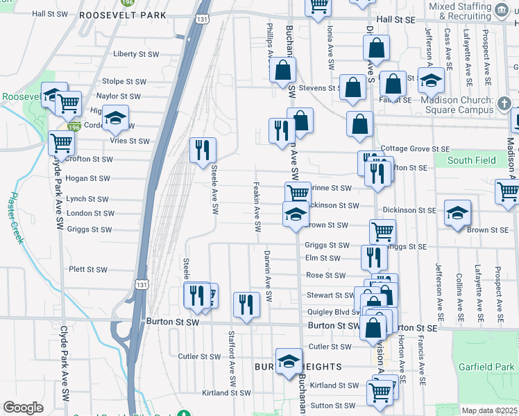 map of restaurants, bars, coffee shops, grocery stores, and more near 252 Dickinson Street Southwest in Grand Rapids