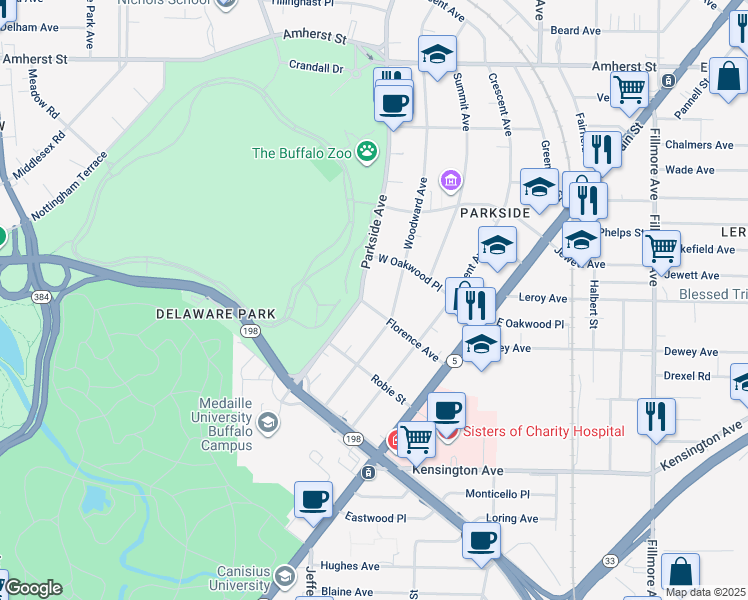 map of restaurants, bars, coffee shops, grocery stores, and more near 109 Florence Avenue in Buffalo