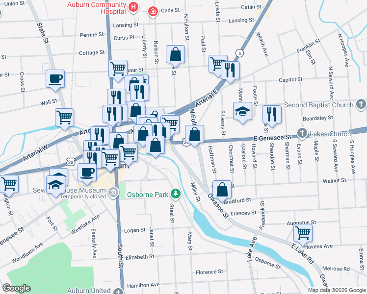 map of restaurants, bars, coffee shops, grocery stores, and more near 42 East Genesee Street in Auburn
