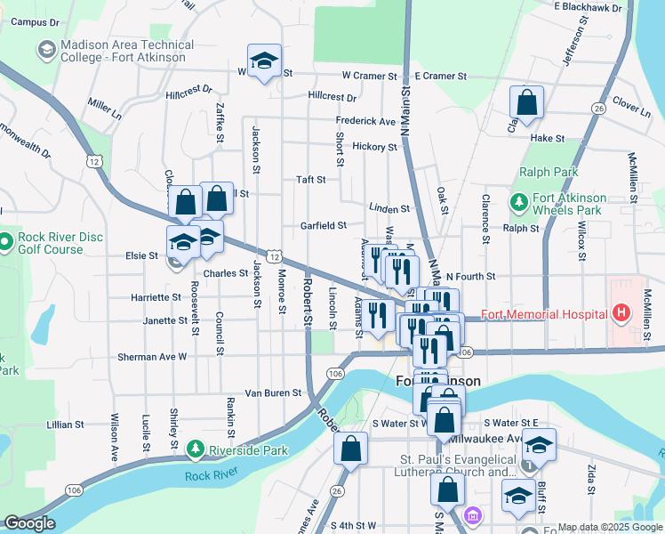 map of restaurants, bars, coffee shops, grocery stores, and more near 402 Madison Avenue in Fort Atkinson