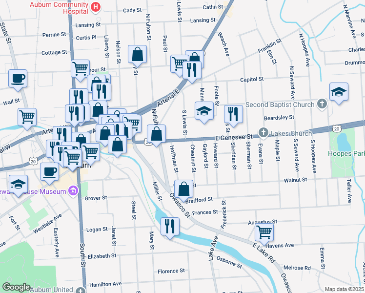 map of restaurants, bars, coffee shops, grocery stores, and more near 72 E Genesee St in Auburn