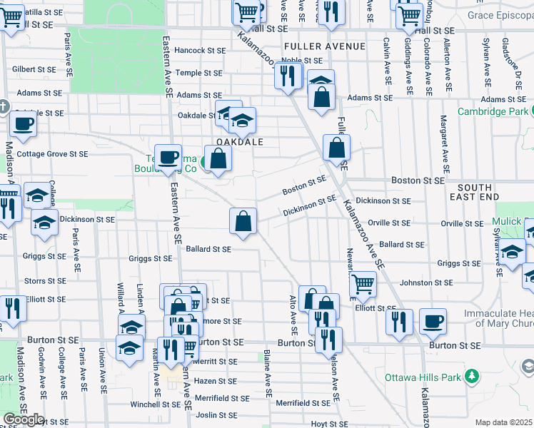 map of restaurants, bars, coffee shops, grocery stores, and more near 1015 Dickinson Street Southeast in Grand Rapids