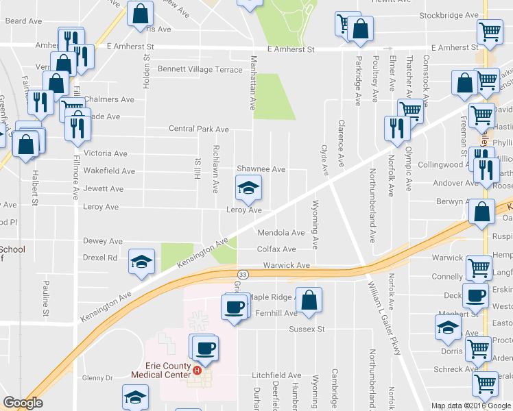 map of restaurants, bars, coffee shops, grocery stores, and more near 476 Leroy Ave in Buffalo