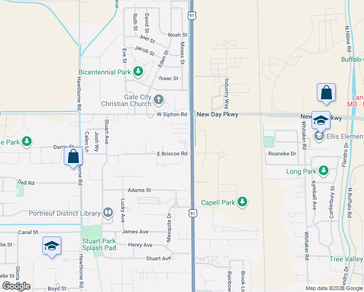 map of restaurants, bars, coffee shops, grocery stores, and more near 128 Briscoe Rd in Pocatello
