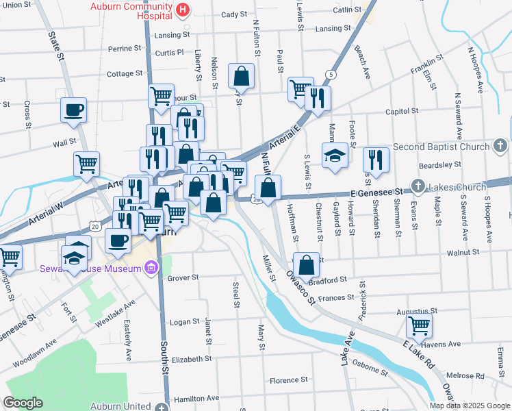 map of restaurants, bars, coffee shops, grocery stores, and more near 42 East Genesee Street in Auburn