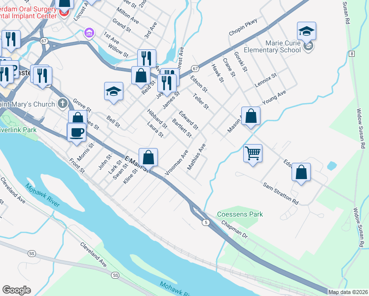 map of restaurants, bars, coffee shops, grocery stores, and more near 247 Vrooman Avenue in Amsterdam