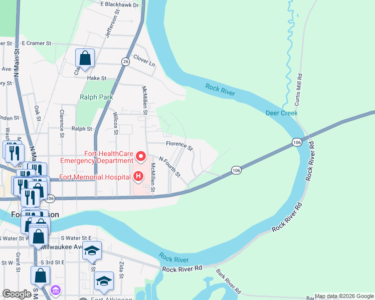 map of restaurants, bars, coffee shops, grocery stores, and more near 802 Florence Street in Fort Atkinson
