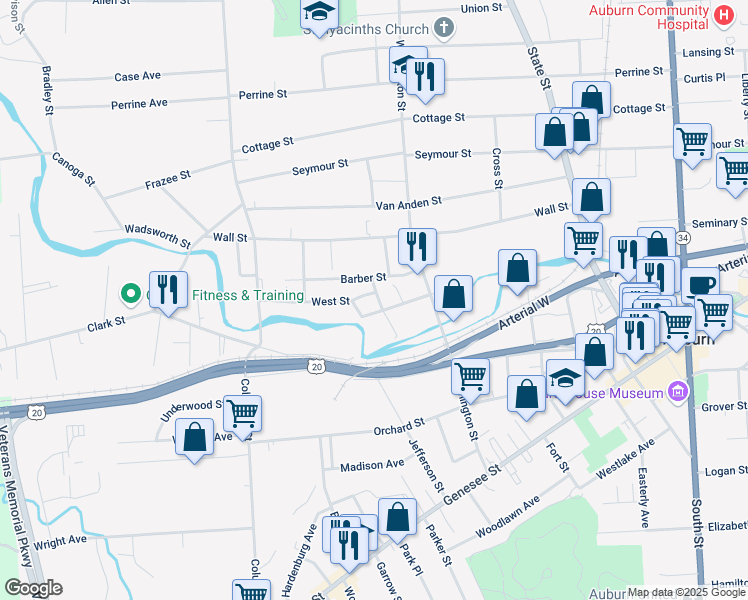 map of restaurants, bars, coffee shops, grocery stores, and more near 13 Venice Street in Auburn