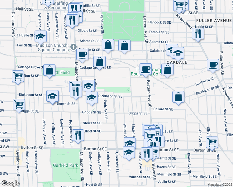 map of restaurants, bars, coffee shops, grocery stores, and more near 605 Dickinson St SE in Grand Rapids