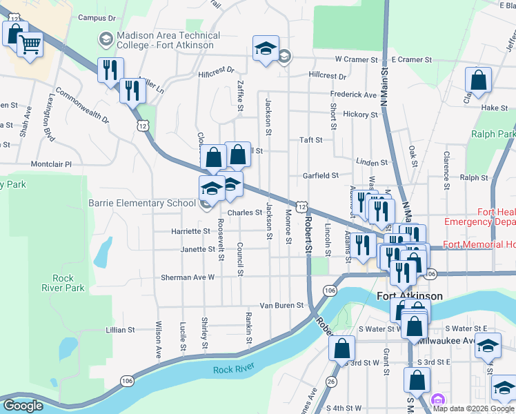 map of restaurants, bars, coffee shops, grocery stores, and more near 708 Charles Street in Fort Atkinson