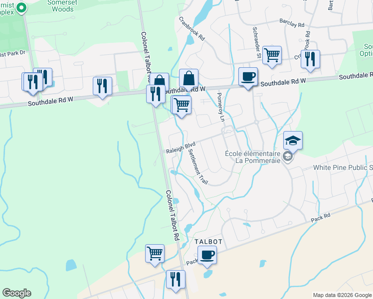 map of restaurants, bars, coffee shops, grocery stores, and more near 6940 Raleigh Boulevard in London