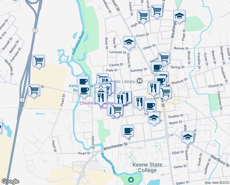 map of restaurants, bars, coffee shops, grocery stores, and more near 171 West Street in Keene