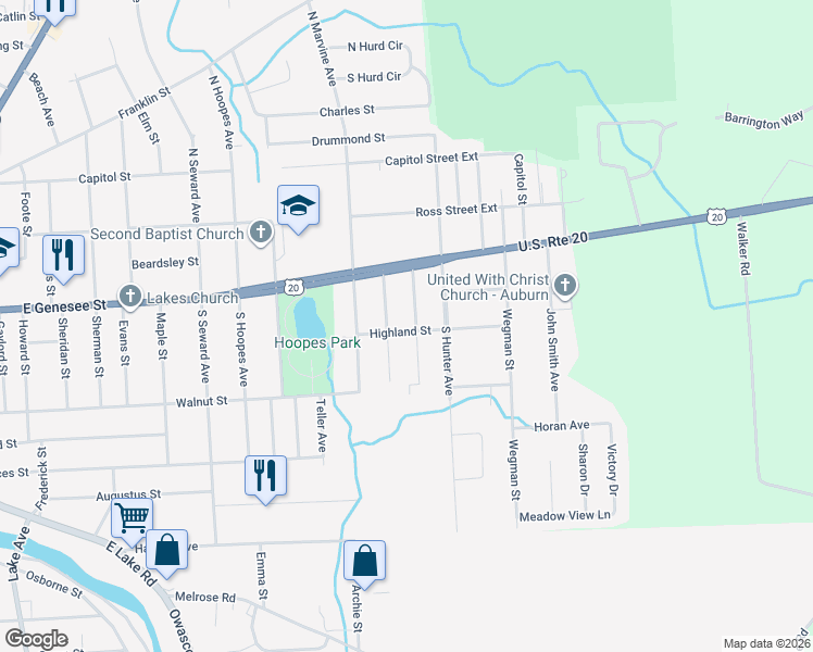 map of restaurants, bars, coffee shops, grocery stores, and more near 15 Highland Street in Auburn