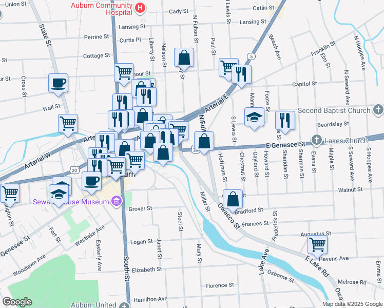 map of restaurants, bars, coffee shops, grocery stores, and more near 42 East Genesee Street in Auburn