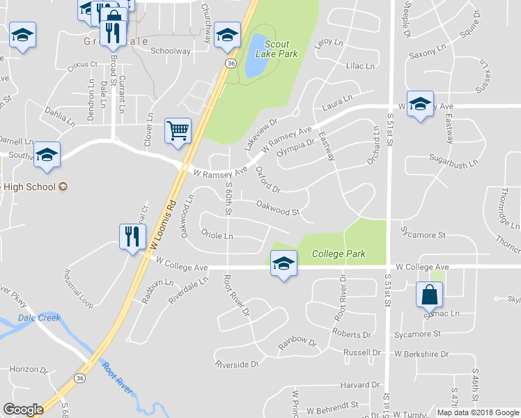 map of restaurants, bars, coffee shops, grocery stores, and more near 5819 Oakwood Street in Greendale