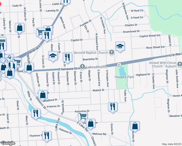 map of restaurants, bars, coffee shops, grocery stores, and more near 6 Maple Street in Auburn