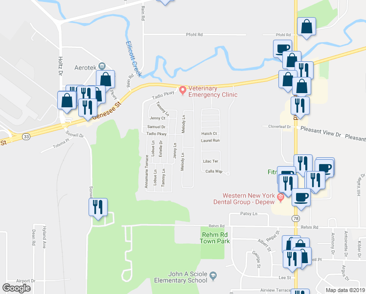 map of restaurants, bars, coffee shops, grocery stores, and more near 99 Melody Lane in Cheektowaga