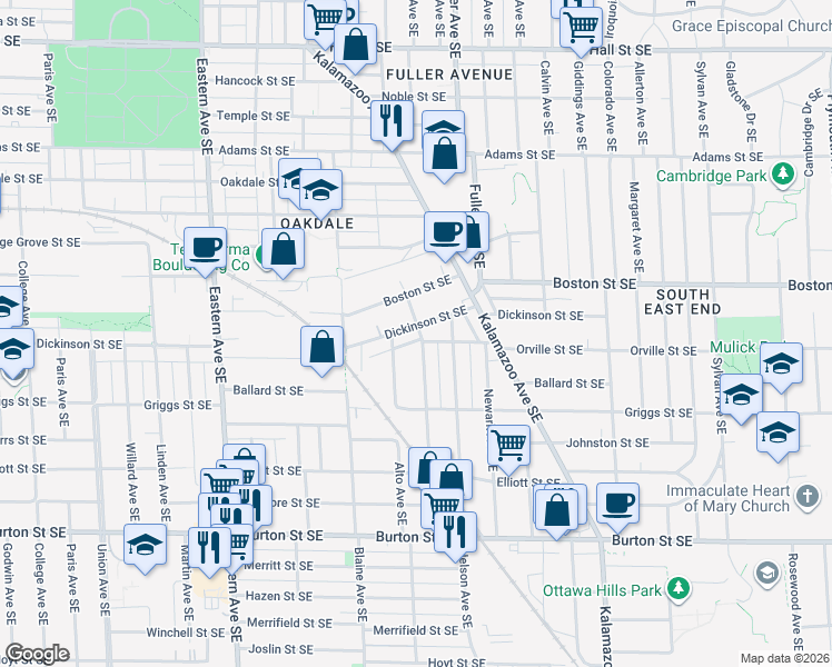 map of restaurants, bars, coffee shops, grocery stores, and more near 1070 Dickinson Street Southeast in Grand Rapids
