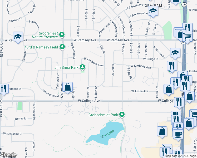 map of restaurants, bars, coffee shops, grocery stores, and more near 6174 South 38th Street in Greenfield