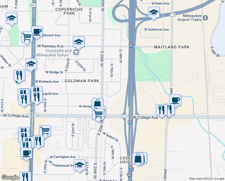 map of restaurants, bars, coffee shops, grocery stores, and more near 5820 South 19th Court in Milwaukee