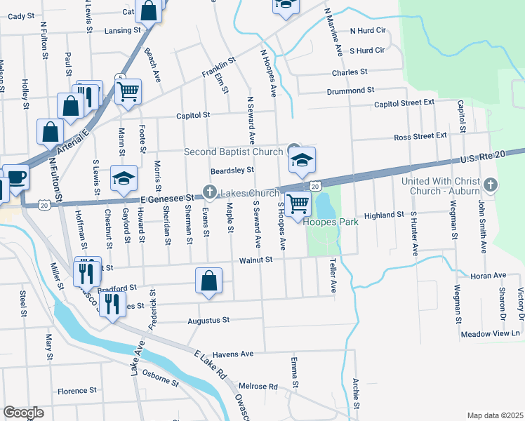map of restaurants, bars, coffee shops, grocery stores, and more near 116 South Seward Avenue in Auburn