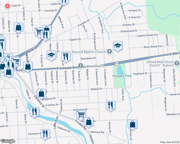 map of restaurants, bars, coffee shops, grocery stores, and more near 6 Maple Street in Auburn