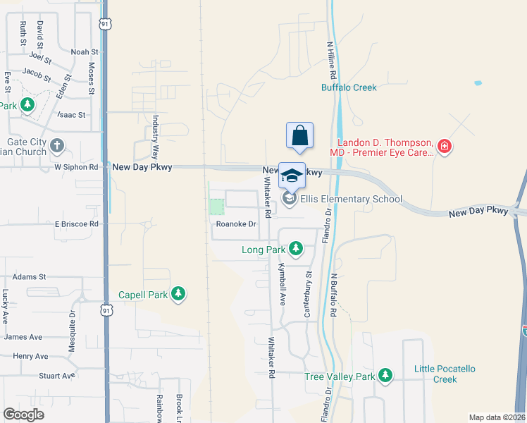 map of restaurants, bars, coffee shops, grocery stores, and more near 5490 Shenendoah Drive in Pocatello