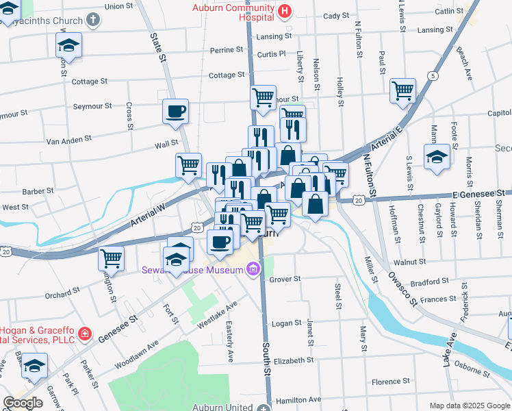 map of restaurants, bars, coffee shops, grocery stores, and more near 29 North Street in Auburn