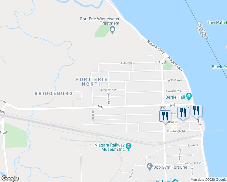 map of restaurants, bars, coffee shops, grocery stores, and more near 329 Emerick Avenue in Fort Erie