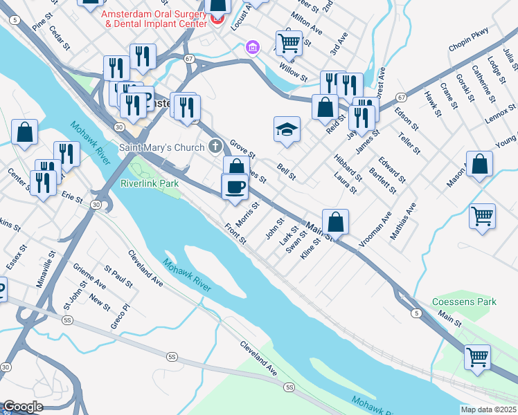 map of restaurants, bars, coffee shops, grocery stores, and more near 16 Morris Street in Amsterdam