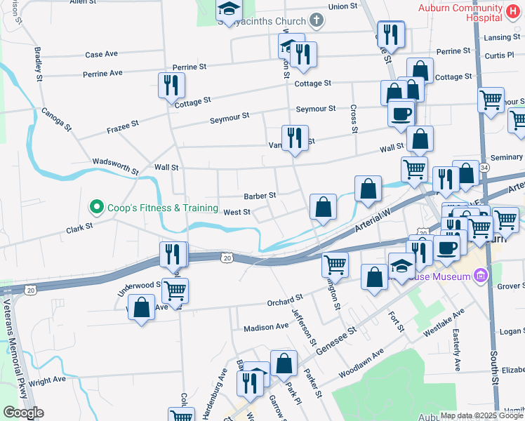 map of restaurants, bars, coffee shops, grocery stores, and more near 13 Venice Street in Auburn