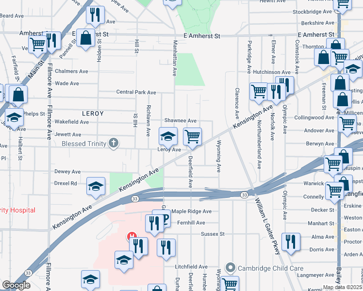 map of restaurants, bars, coffee shops, grocery stores, and more near 476 Leroy Avenue in Buffalo