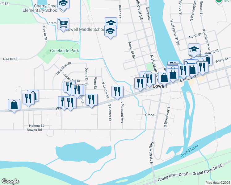 map of restaurants, bars, coffee shops, grocery stores, and more near 140 North Pleasant Avenue in Lowell