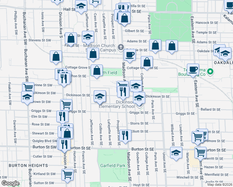 map of restaurants, bars, coffee shops, grocery stores, and more near 337 Dickinson Street Southeast in Grand Rapids
