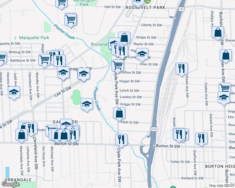 map of restaurants, bars, coffee shops, grocery stores, and more near 1714 Clyde Park Avenue Southwest in Grand Rapids