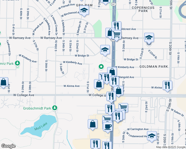 map of restaurants, bars, coffee shops, grocery stores, and more near 6142 South 31st Street in Greenfield