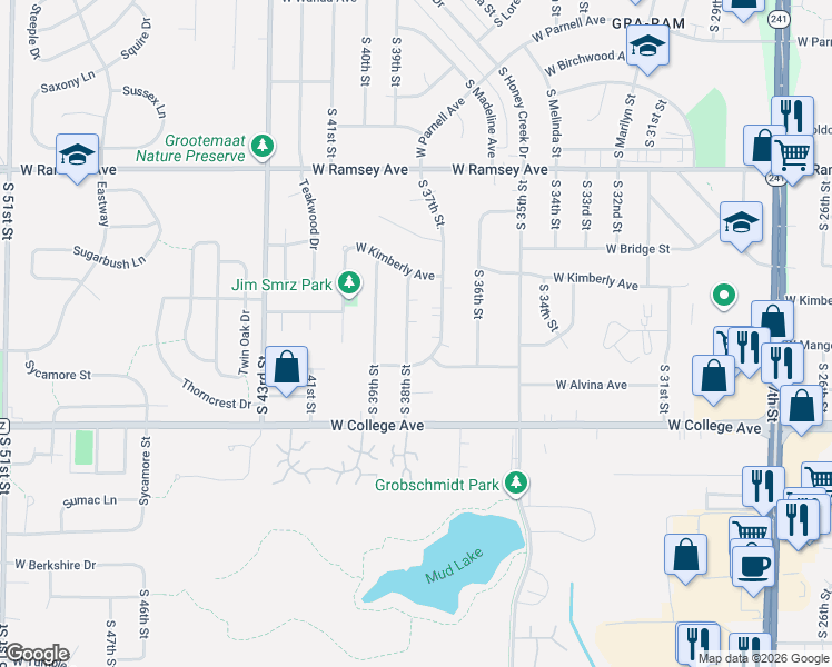 map of restaurants, bars, coffee shops, grocery stores, and more near 6174 South 38th Street in Greenfield