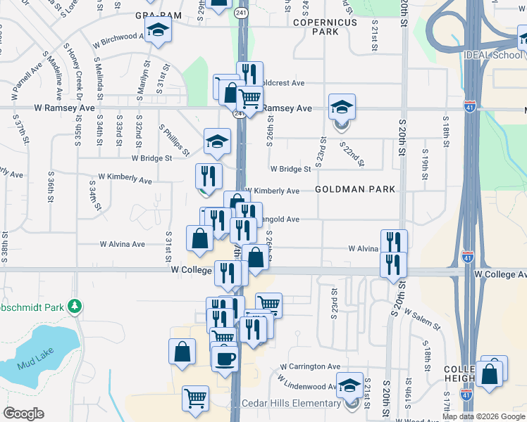 map of restaurants, bars, coffee shops, grocery stores, and more near 2606 West Mangold Avenue in Milwaukee