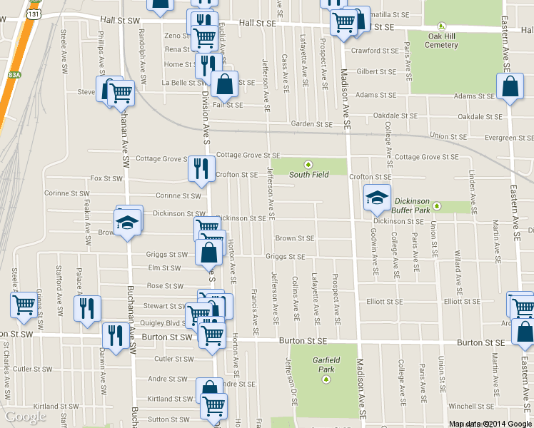 map of restaurants, bars, coffee shops, grocery stores, and more near 1663 Jefferson Ave SE in Grand Rapids