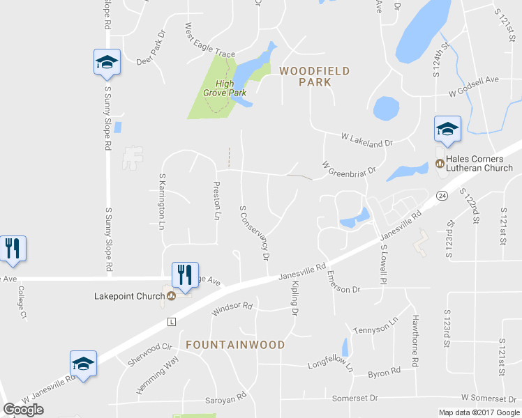 map of restaurants, bars, coffee shops, grocery stores, and more near 6145 Rosetree Pass in New Berlin