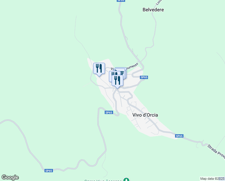 map of restaurants, bars, coffee shops, grocery stores, and more near 4 Piazza della Fontana in Vivo D'orcia